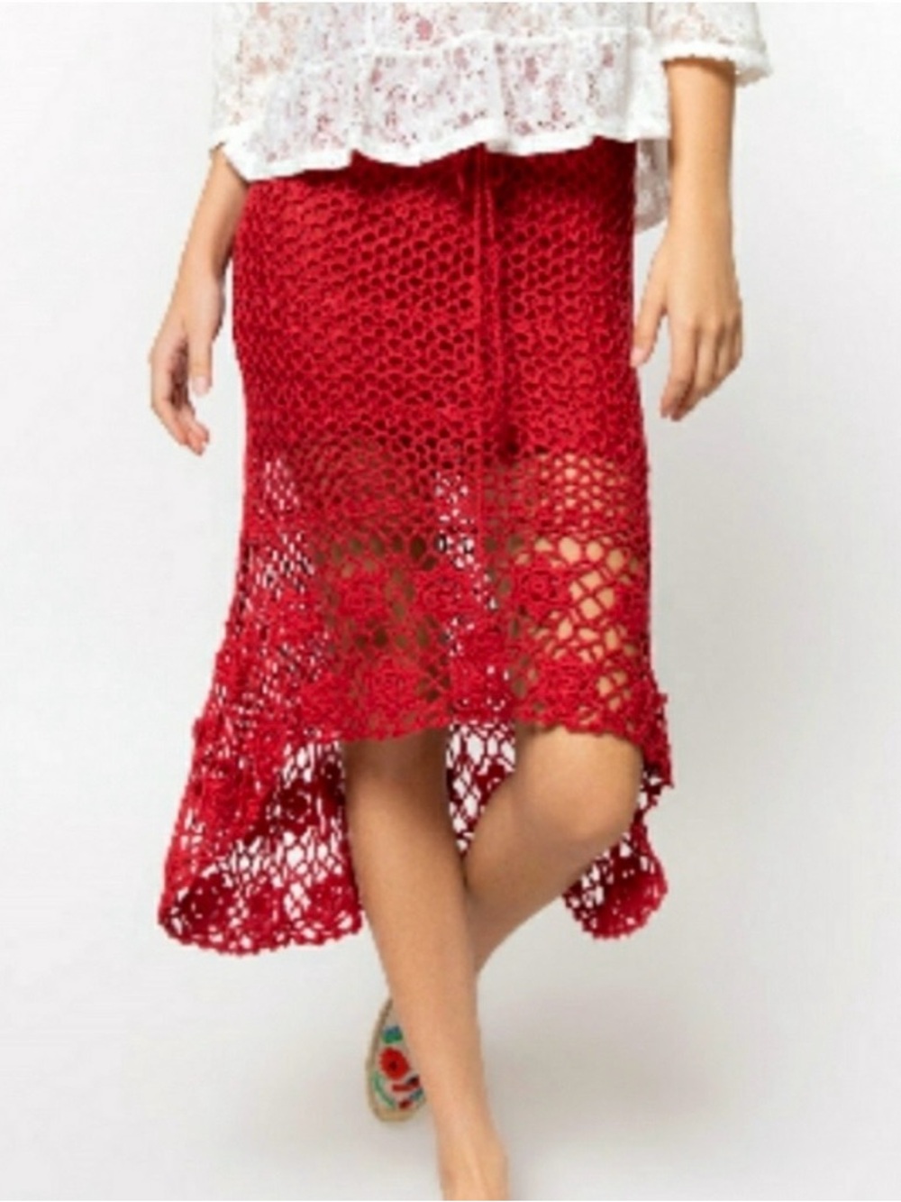 POL Red Crochet High-Low Midi Skirt